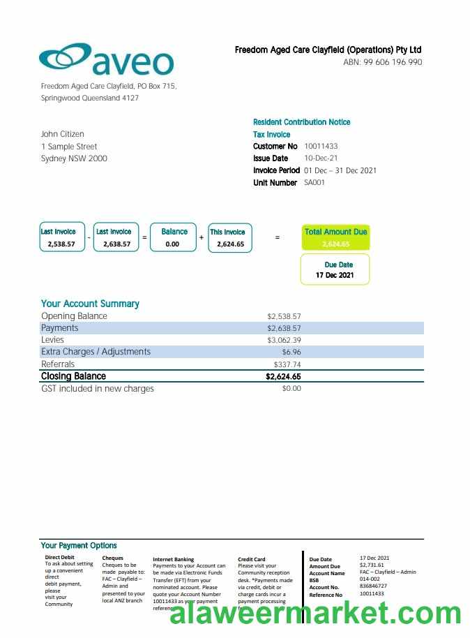Australia Aveo bank statement template in .xls and .pdf file format